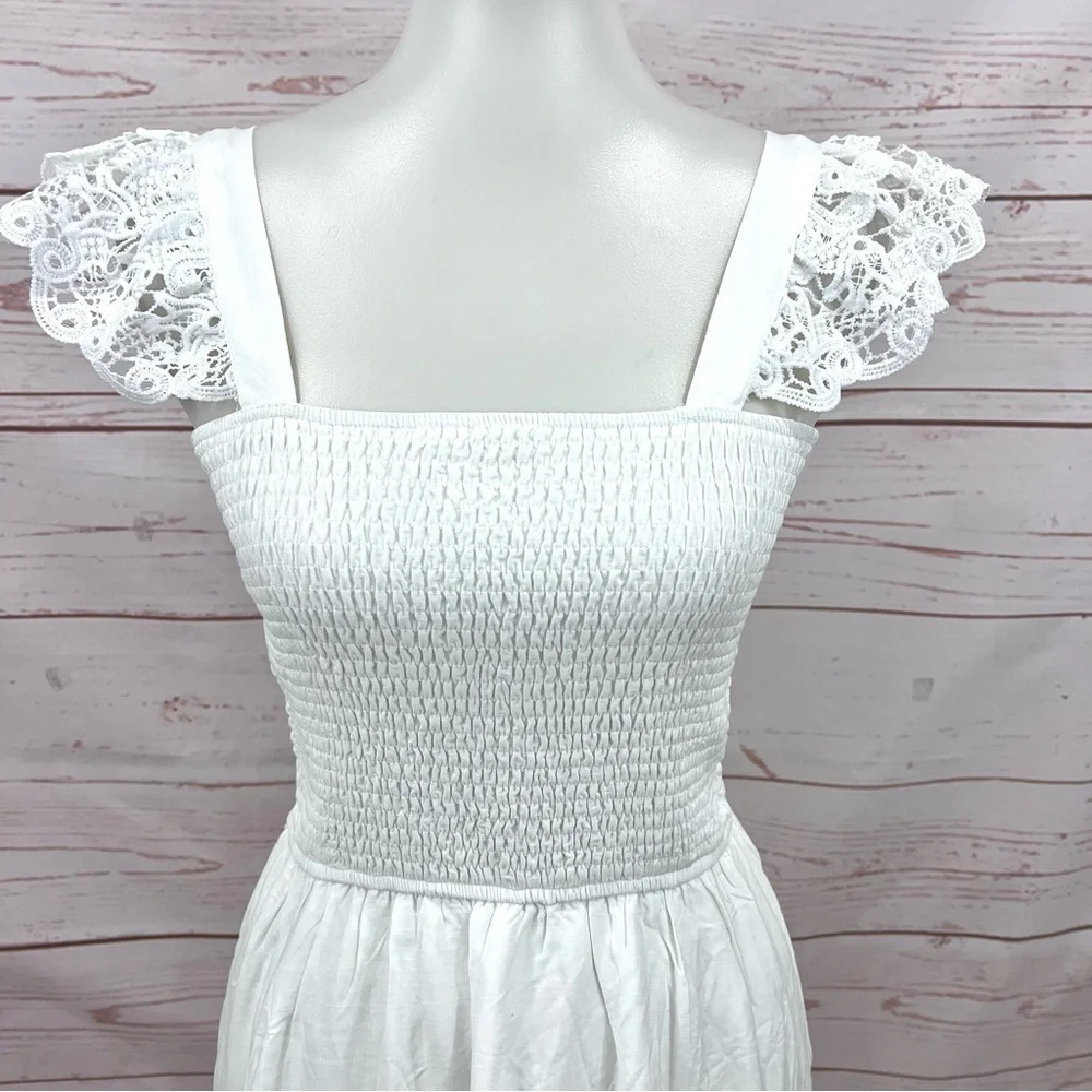 NWT White Eyelet Lace Flutter Wing Sleeve Smocked Top Pocket Maxi Dress